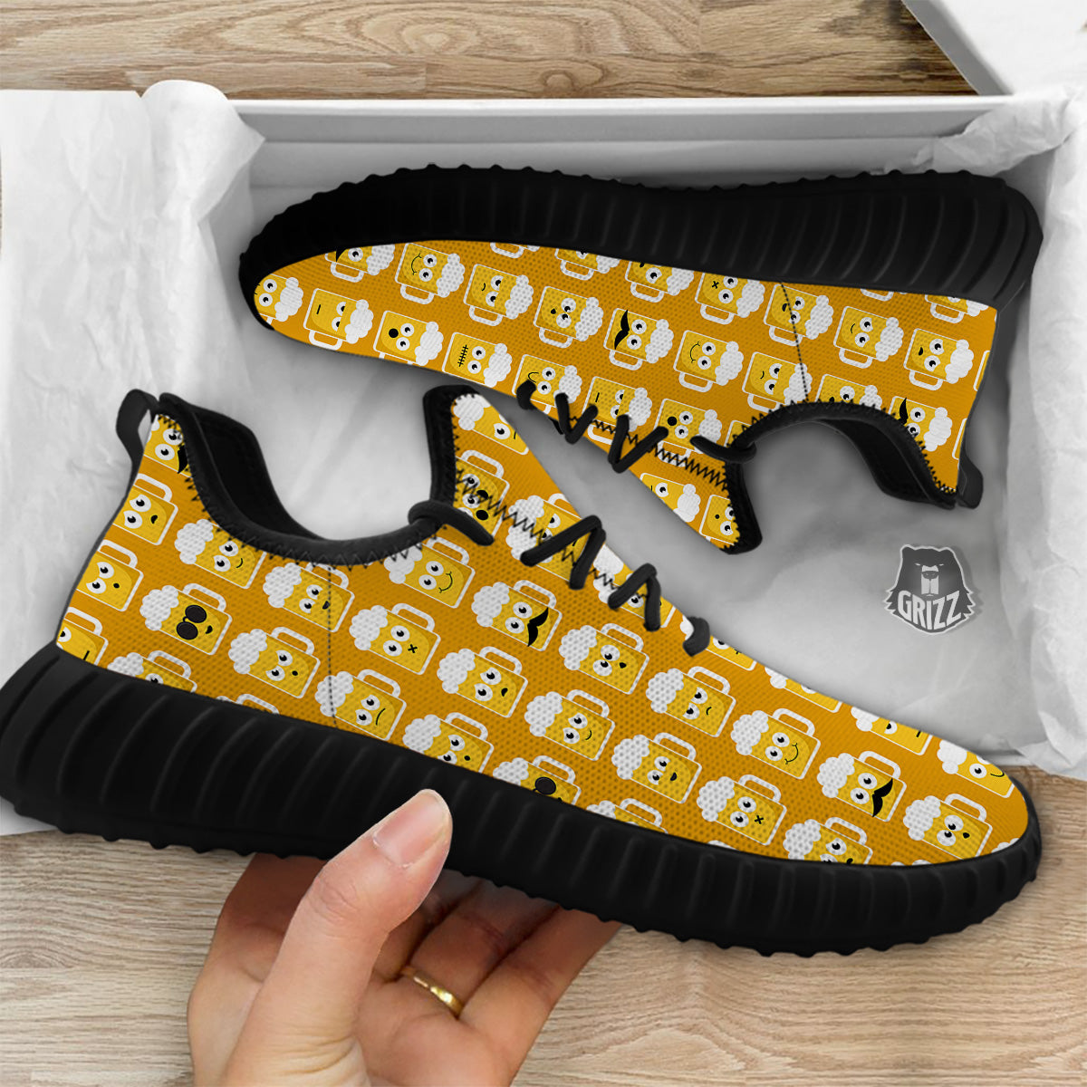Emoji Beer Mugs Yellow Print Pattern Black Walking Shoes-grizzshop