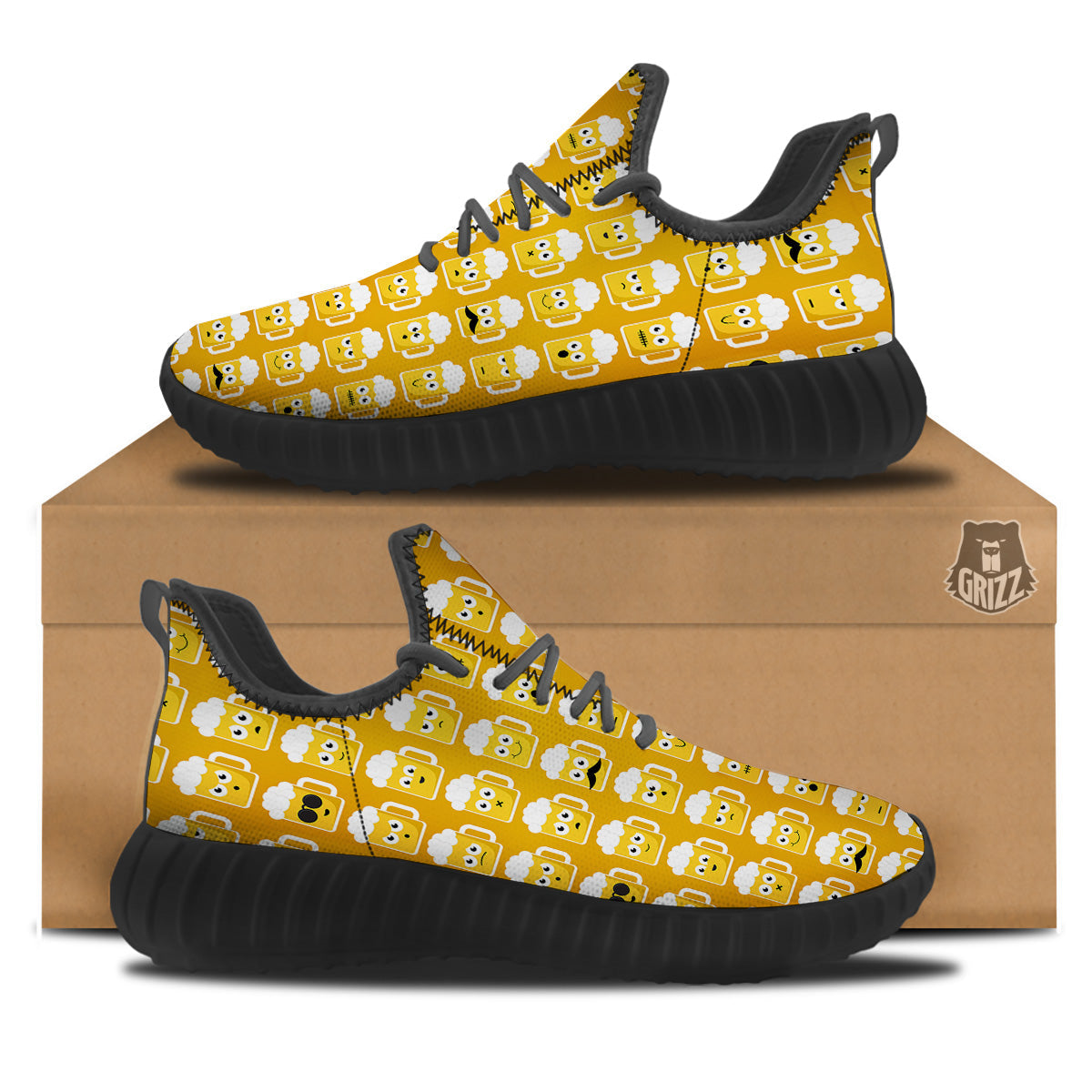 Emoji Beer Mugs Yellow Print Pattern Black Walking Shoes-grizzshop