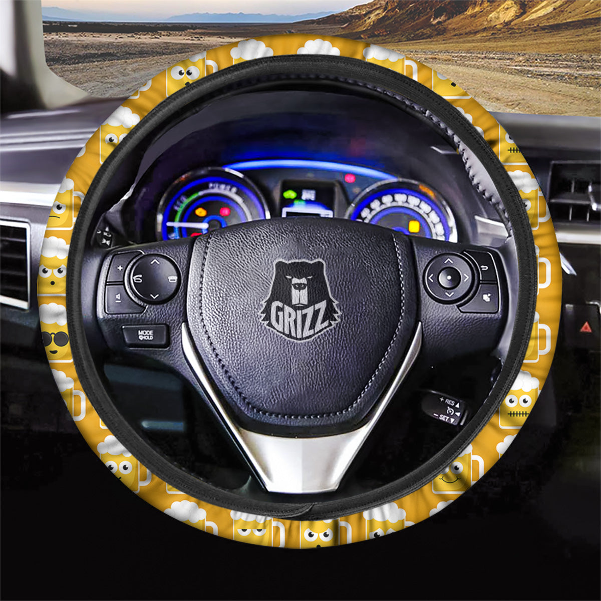 Emoji Beer Mugs Yellow Print Pattern Car Steering Wheel Cover-grizzshop