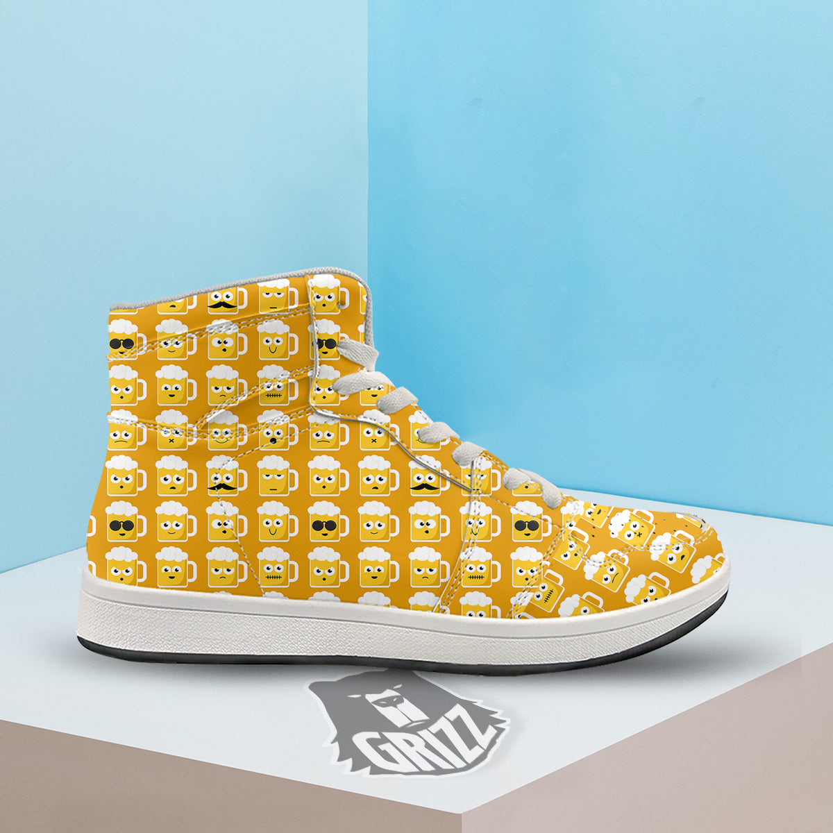 Emoji Beer Mugs Yellow Print Pattern High Top Sneakers-grizzshop