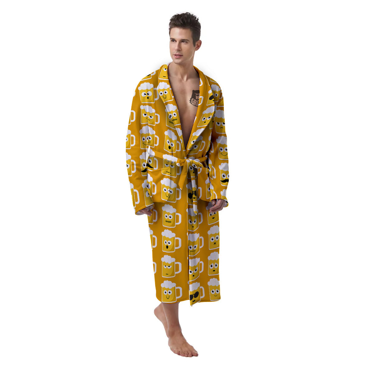 Emoji Beer Mugs Yellow Print Pattern Men's Robe-grizzshop