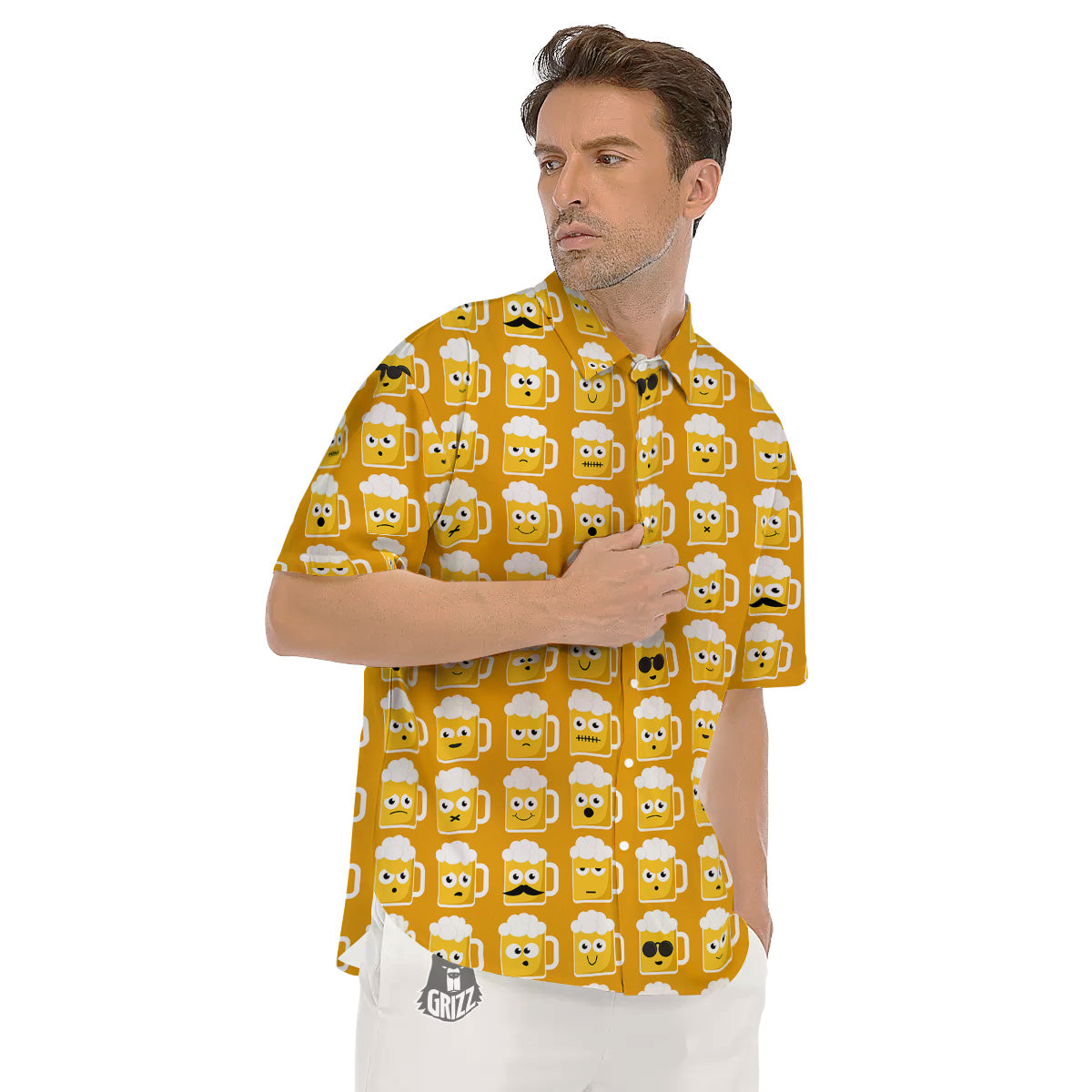 Emoji Beer Mugs Yellow Print Pattern Men's Short Sleeve Shirts-grizzshop