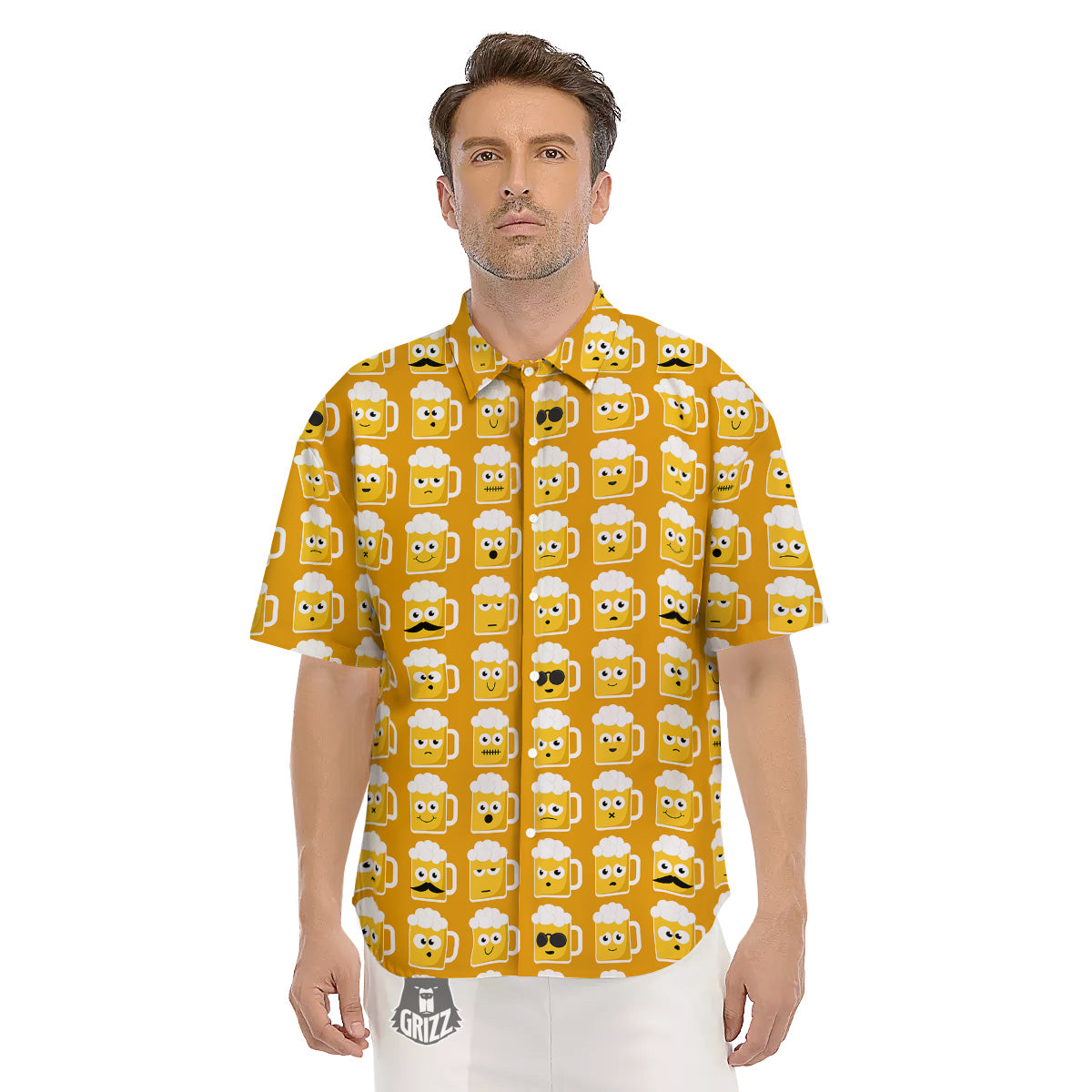 Emoji Beer Mugs Yellow Print Pattern Men's Short Sleeve Shirts-grizzshop