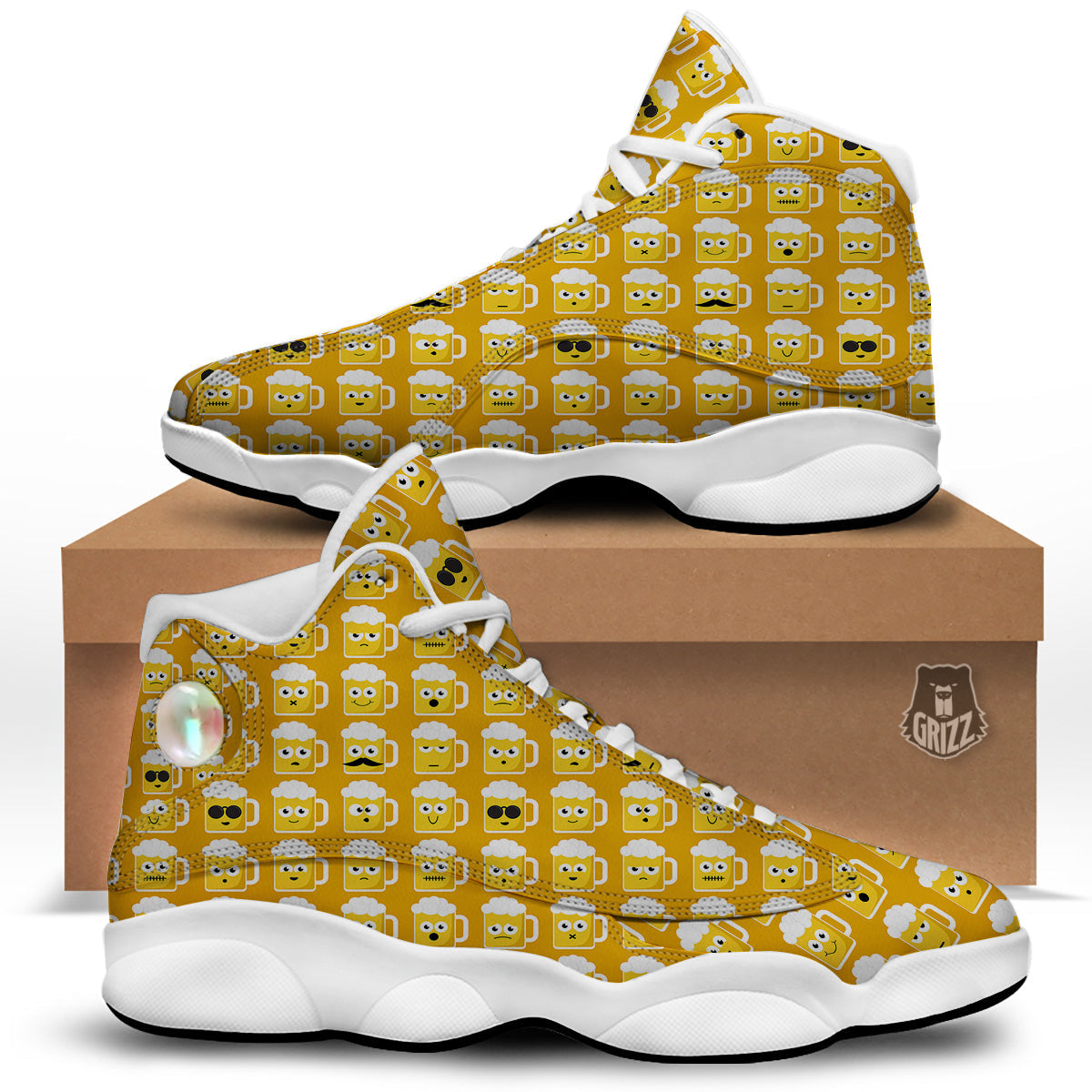 Emoji Beer Mugs Yellow Print Pattern White Basketball Shoes-grizzshop
