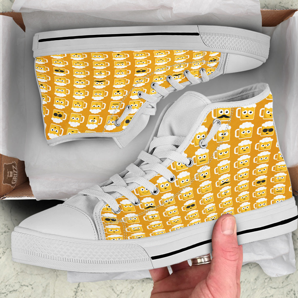 Emoji Beer Mugs Yellow Print Pattern White High Top Shoes-grizzshop