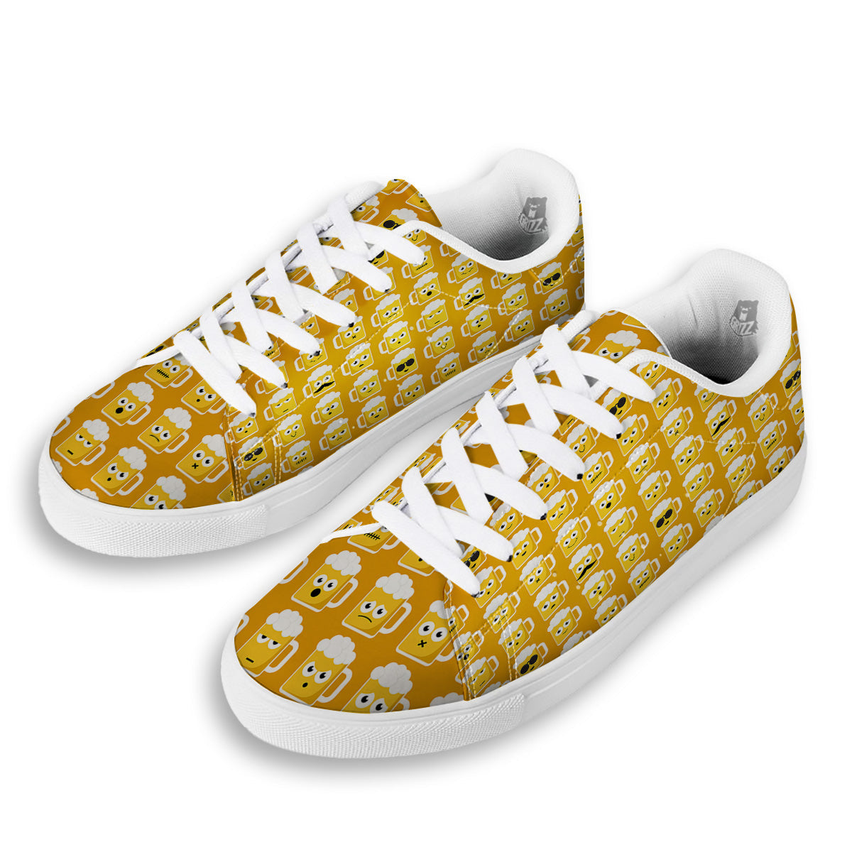 Emoji Beer Mugs Yellow Print Pattern White Low Top Sneakers-grizzshop