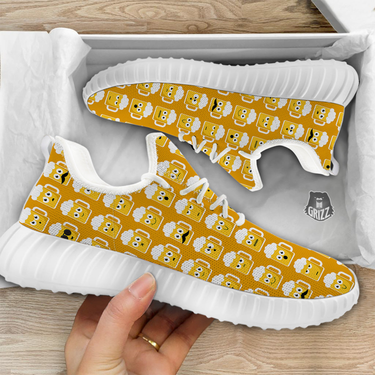 Emoji Beer Mugs Yellow Print Pattern White Walking Shoes-grizzshop