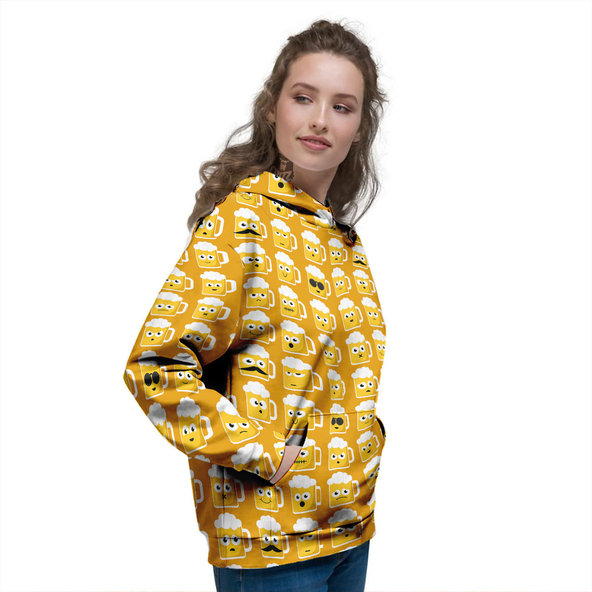 Emoji Beer Mugs Yellow Print Pattern Women's Hoodie-grizzshop