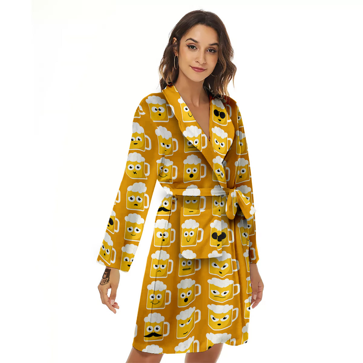 Emoji Beer Mugs Yellow Print Pattern Women's Robe-grizzshop