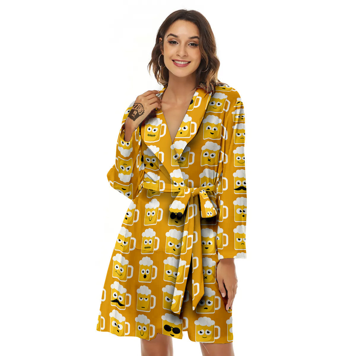 Emoji Beer Mugs Yellow Print Pattern Women's Robe-grizzshop