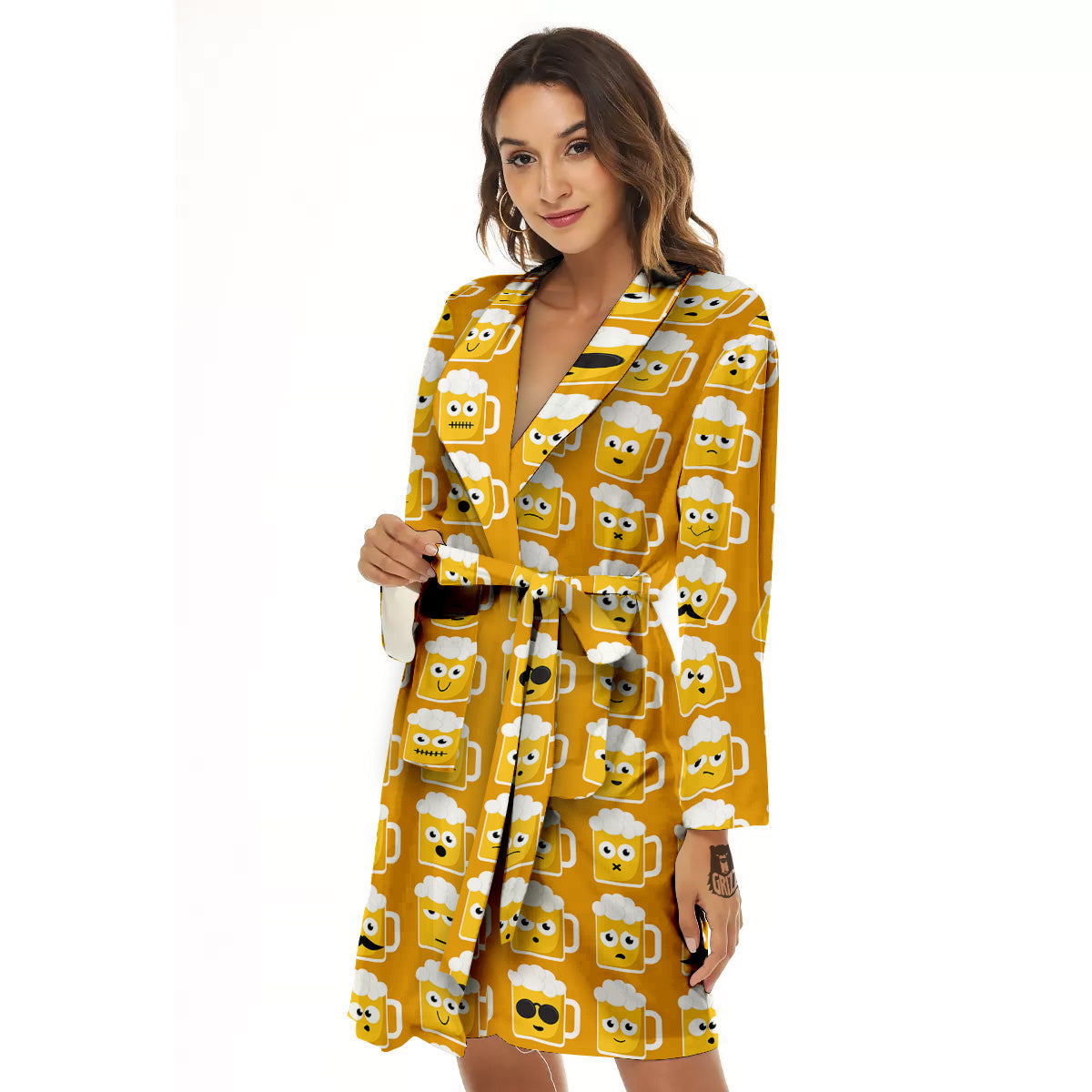 Emoji Beer Mugs Yellow Print Pattern Women's Robe-grizzshop
