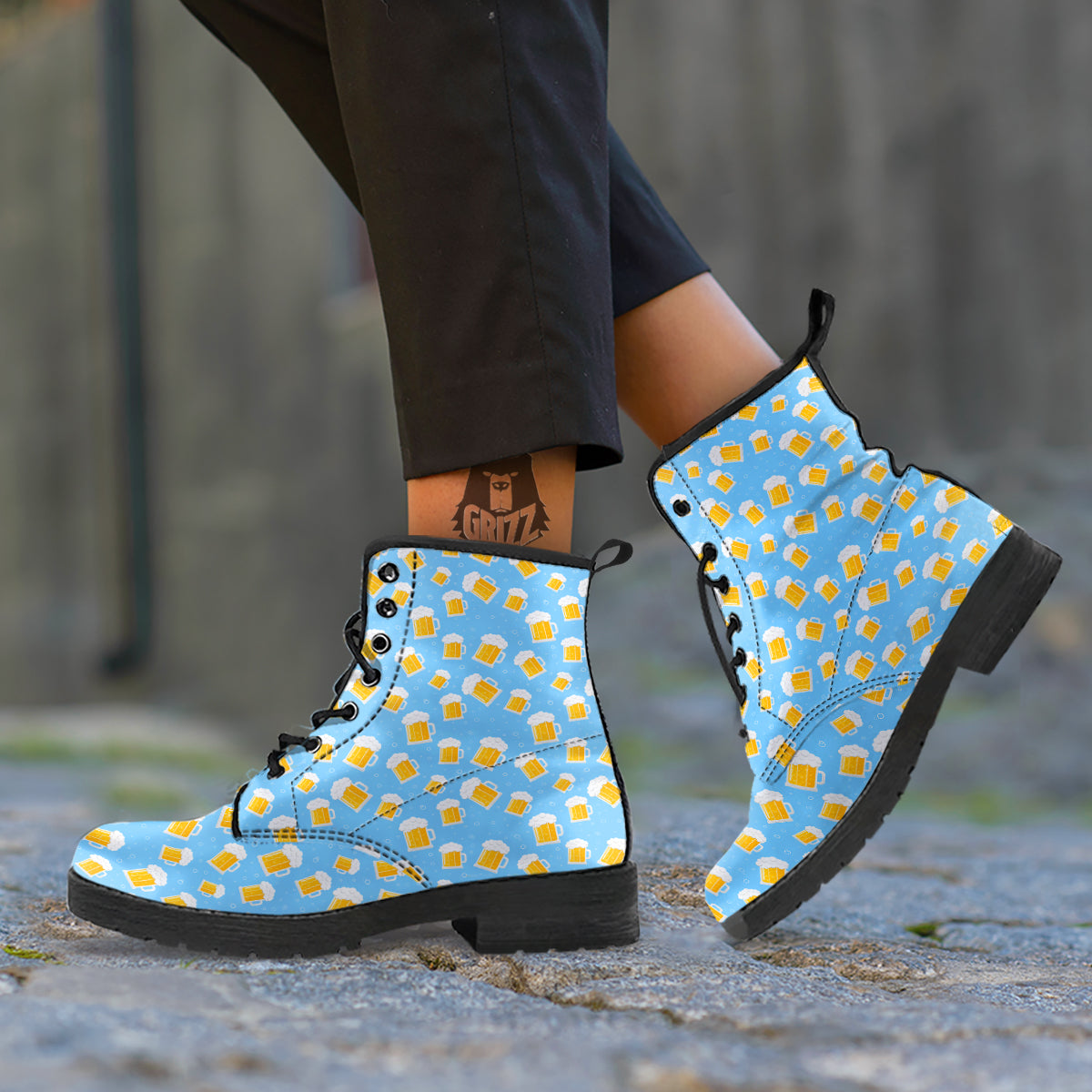 Emoji Beer Print Pattern Leather Boots-grizzshop
