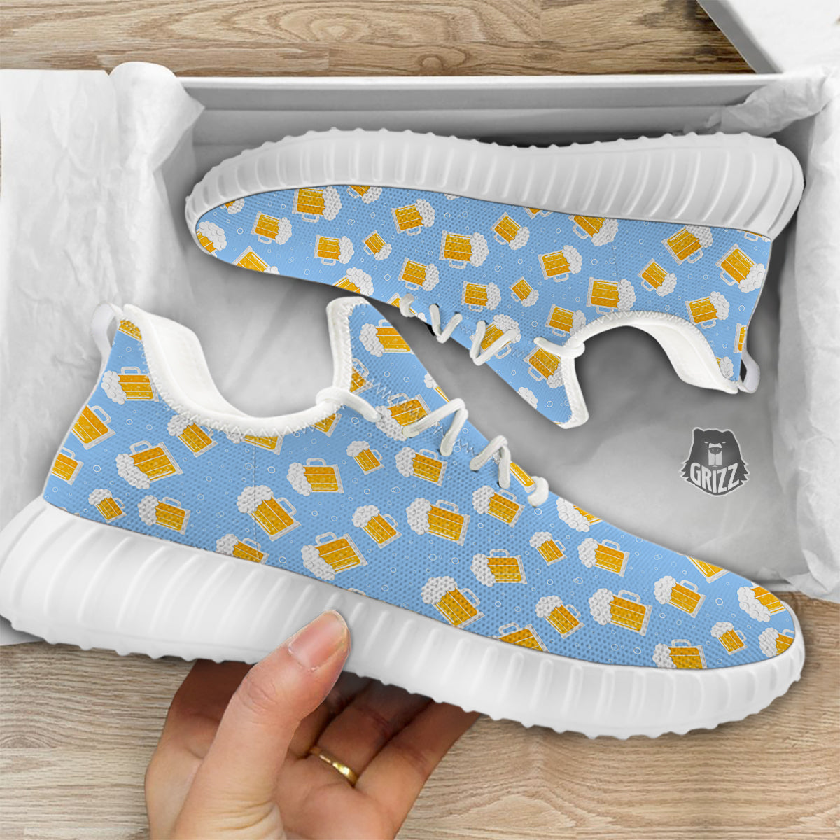 Emoji Beer Print Pattern White Walking Shoes-grizzshop