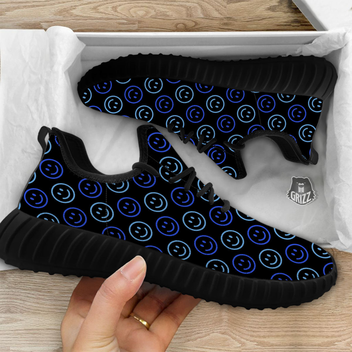 Emoji Blue Print Pattern Black Walking Shoes-grizzshop