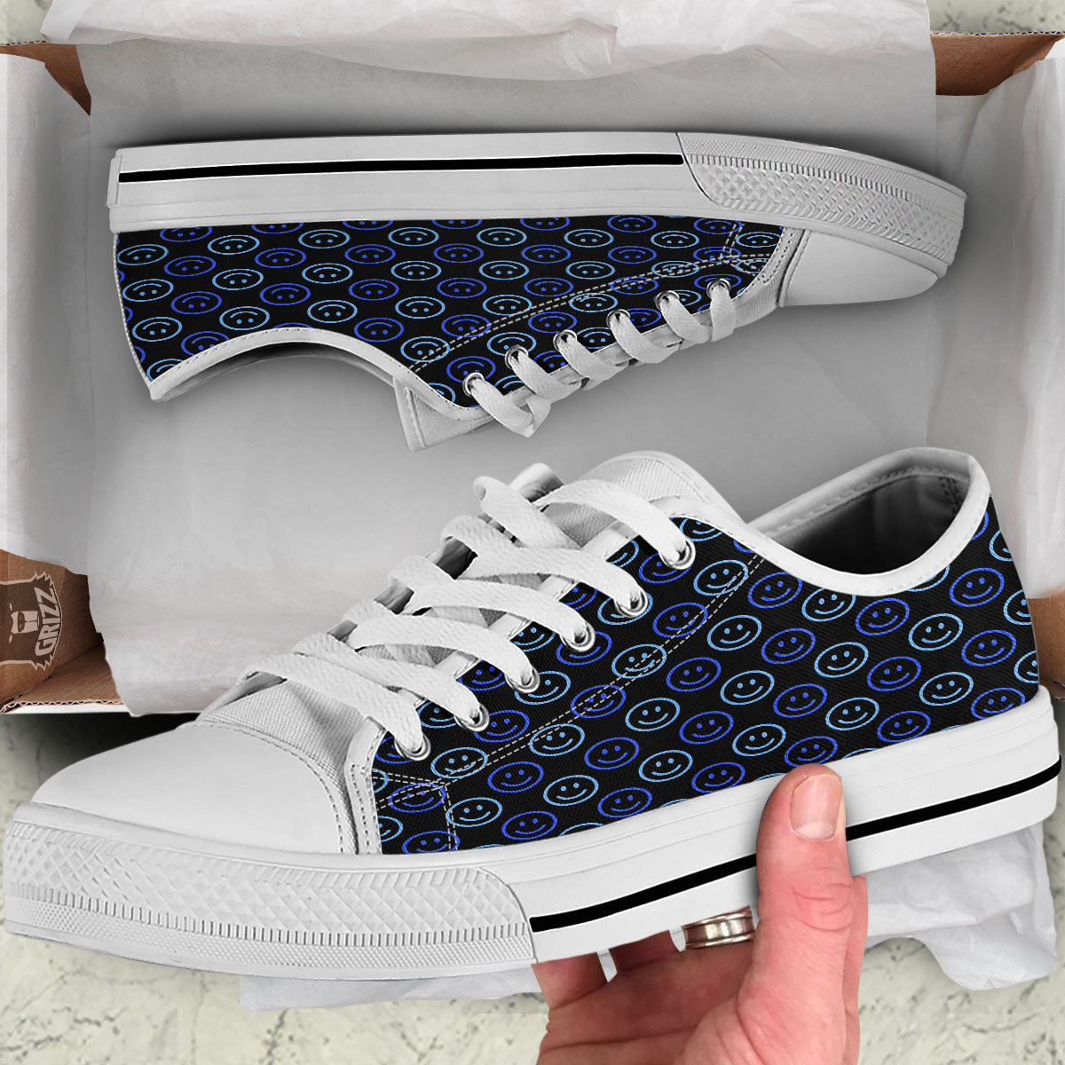 Emoji Blue Print Pattern White Low Top Shoes-grizzshop