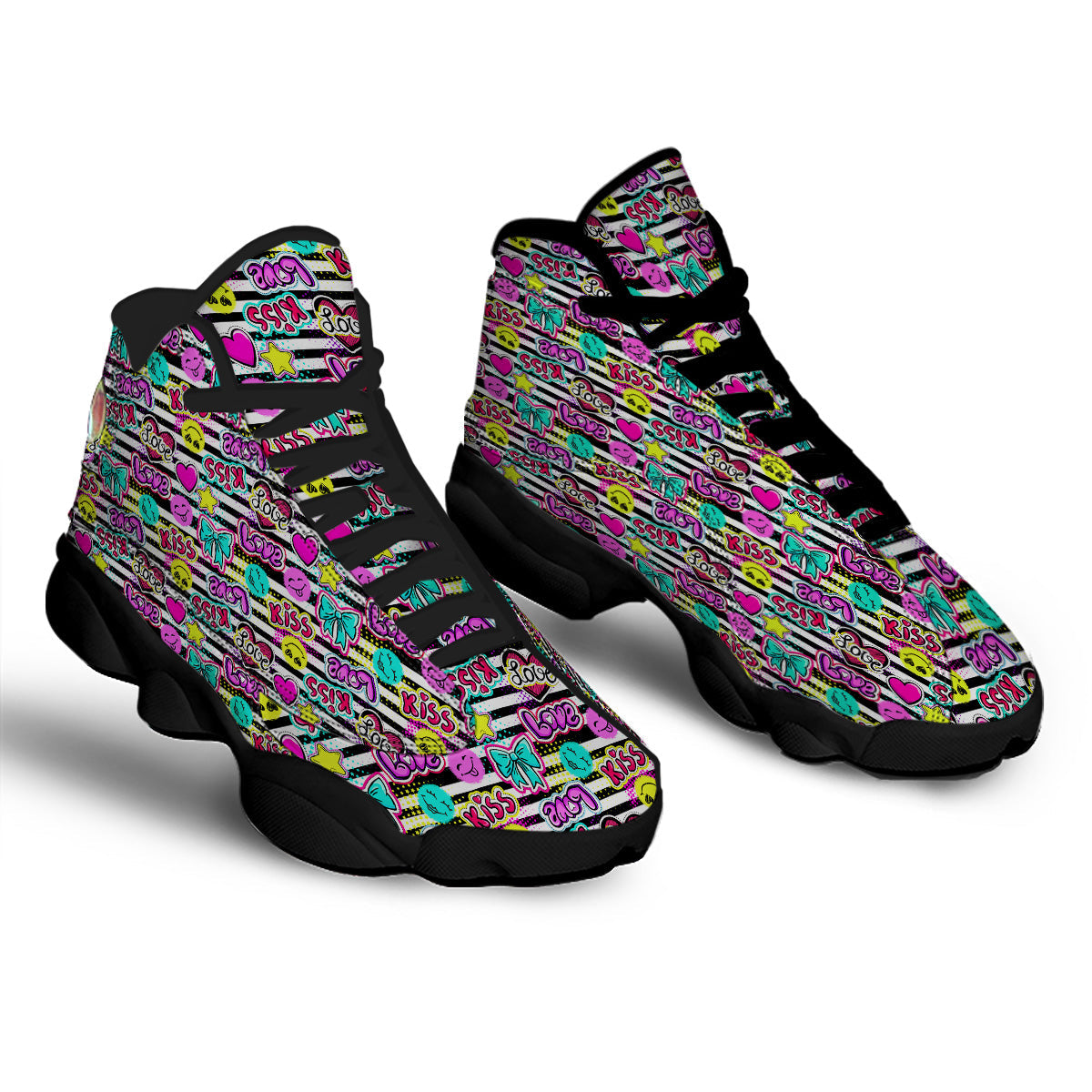 Emoji Comics Stripe Print Pattern Black Basketball Shoes-grizzshop