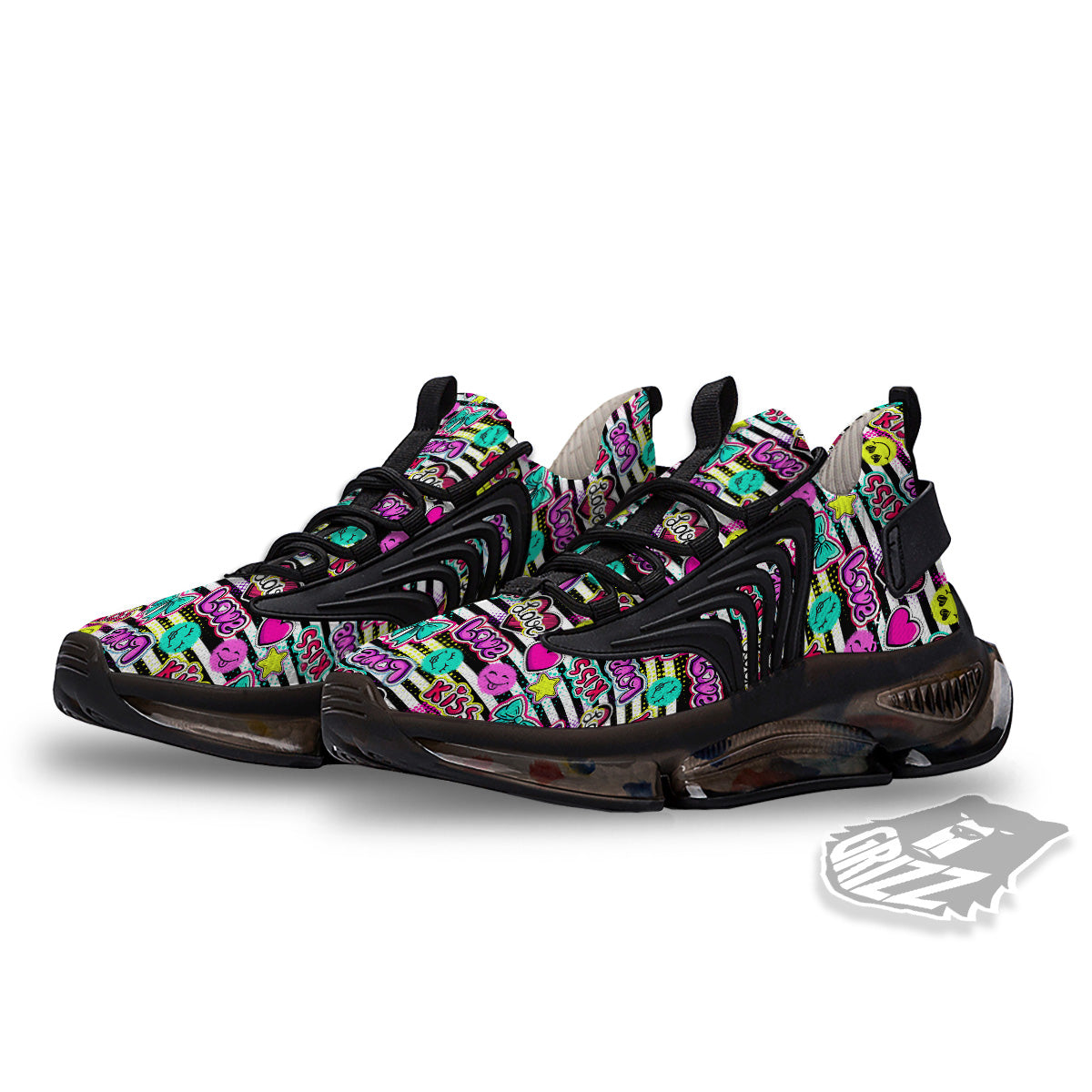 Emoji Comics Stripe Print Pattern Black Gym Shoes-grizzshop