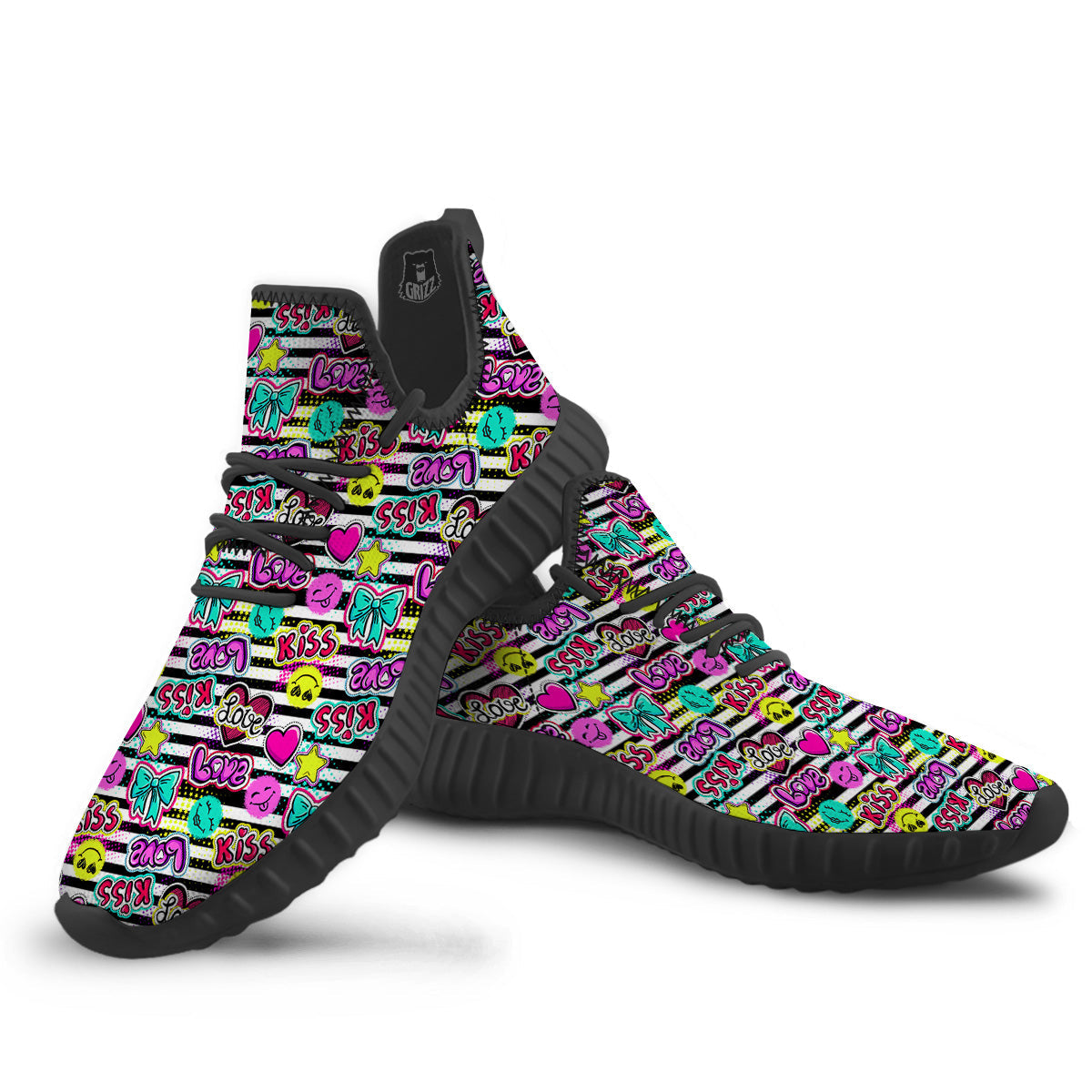 Emoji Comics Stripe Print Pattern Black Walking Shoes-grizzshop
