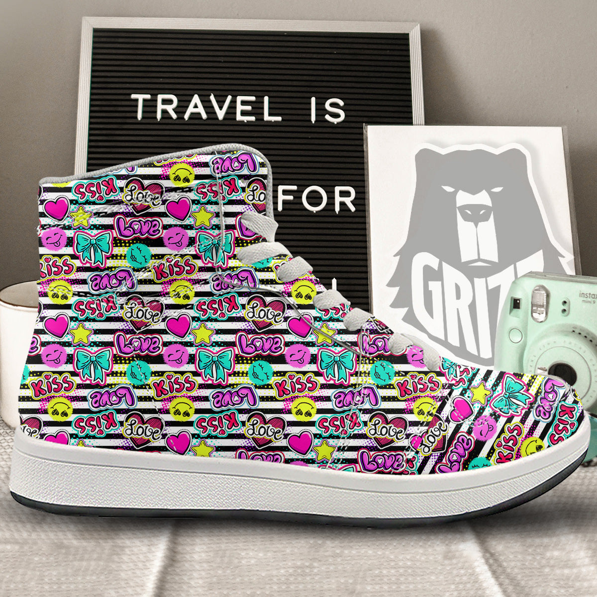 Emoji Comics Stripe Print Pattern High Top Sneakers-grizzshop