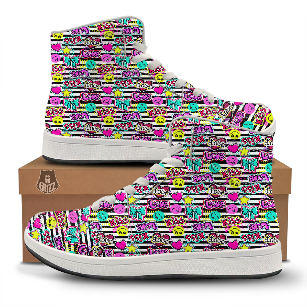 Emoji Comics Stripe Print Pattern High Top Sneakers-grizzshop