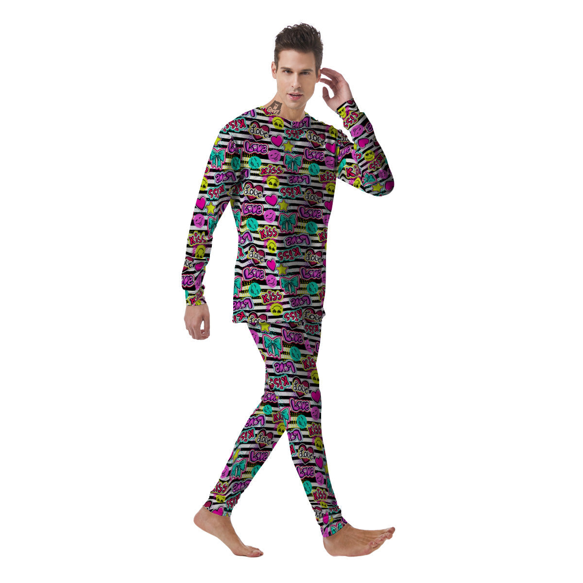 Emoji Comics Stripe Print Pattern Men's Pajamas-grizzshop