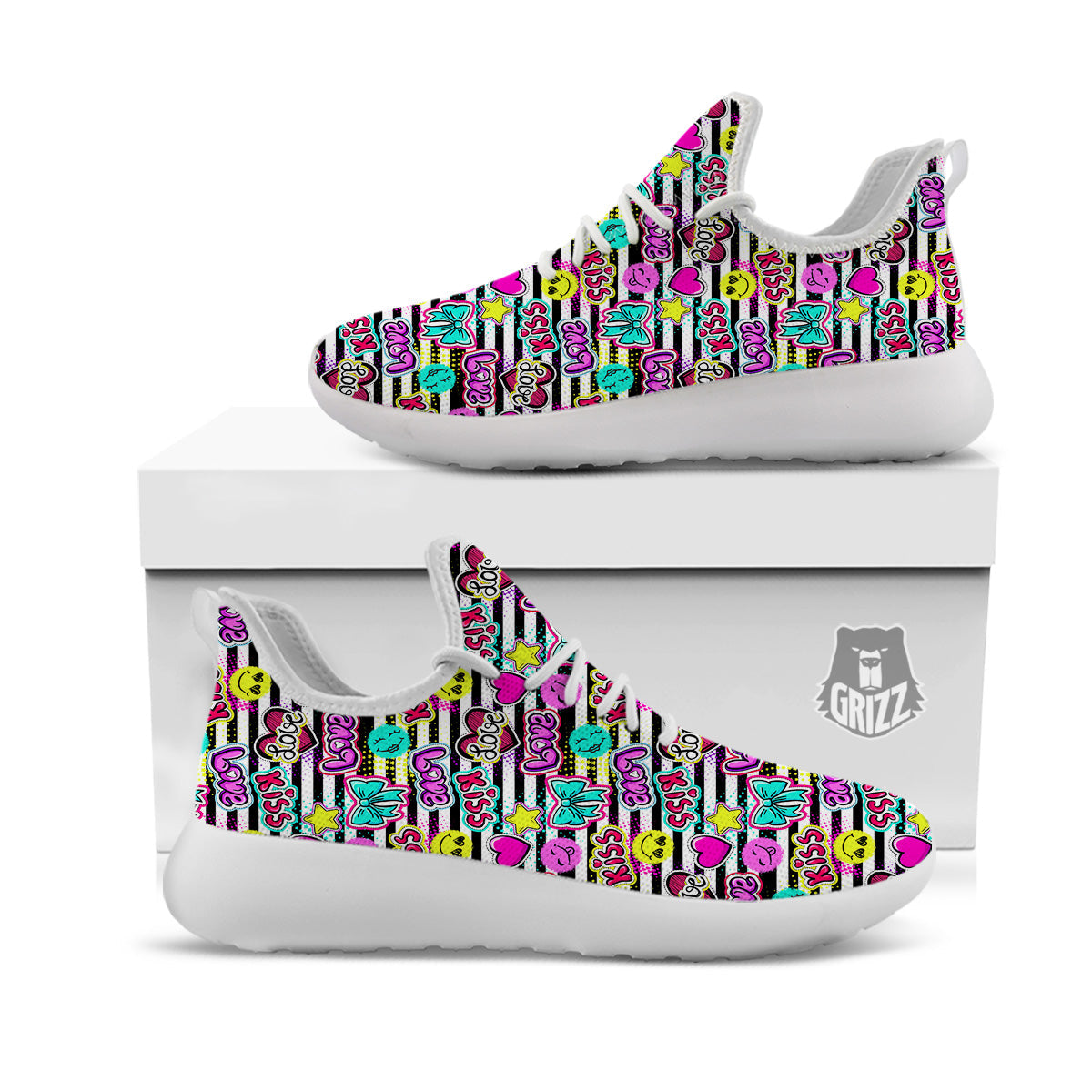 Emoji Comics Stripe Print Pattern White Athletic Shoes-grizzshop
