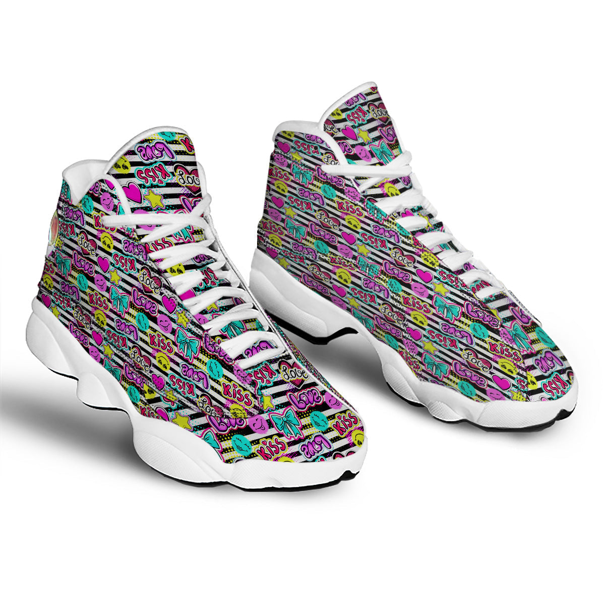 Emoji Comics Stripe Print Pattern White Basketball Shoes-grizzshop