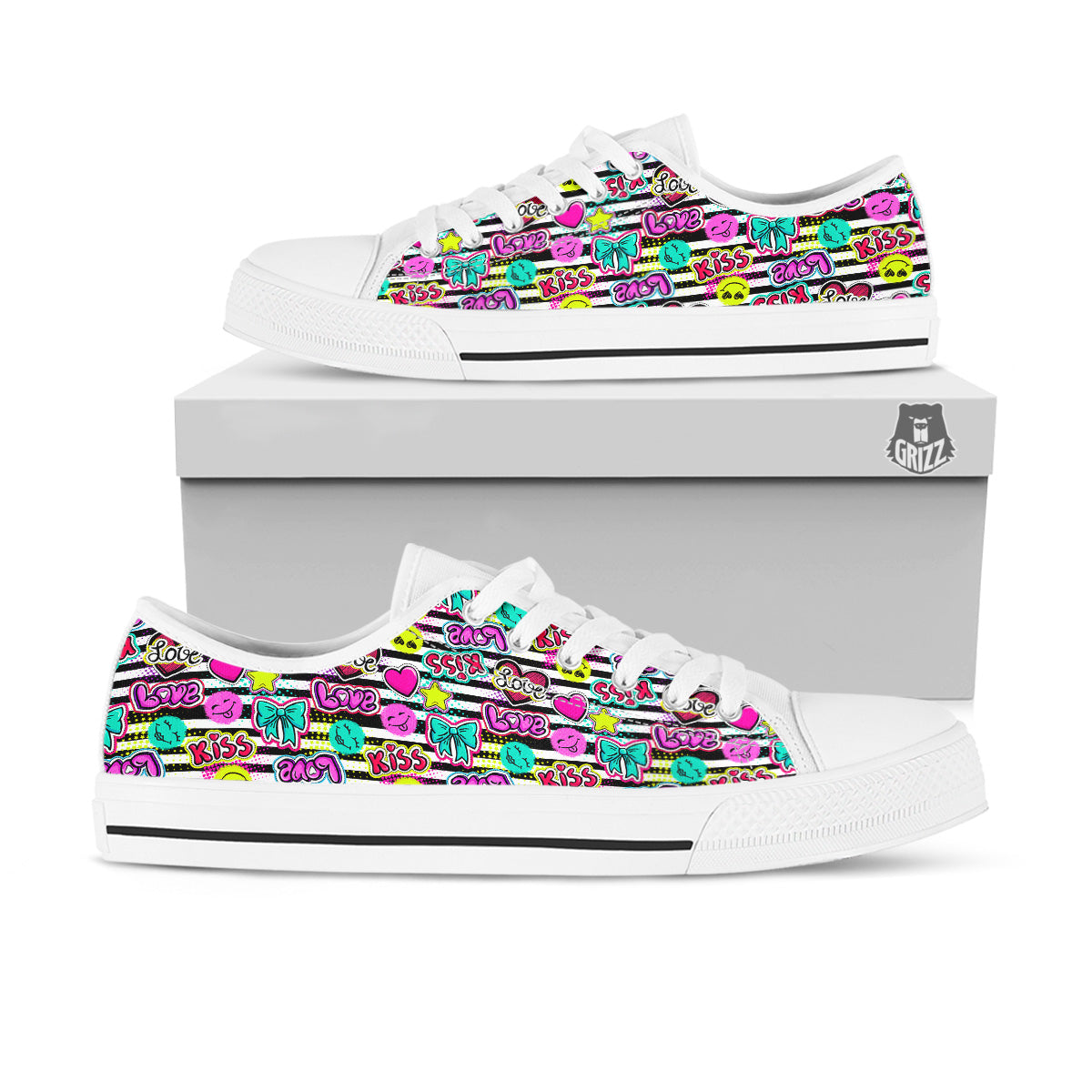 Emoji Comics Stripe Print Pattern White Low Top Shoes-grizzshop