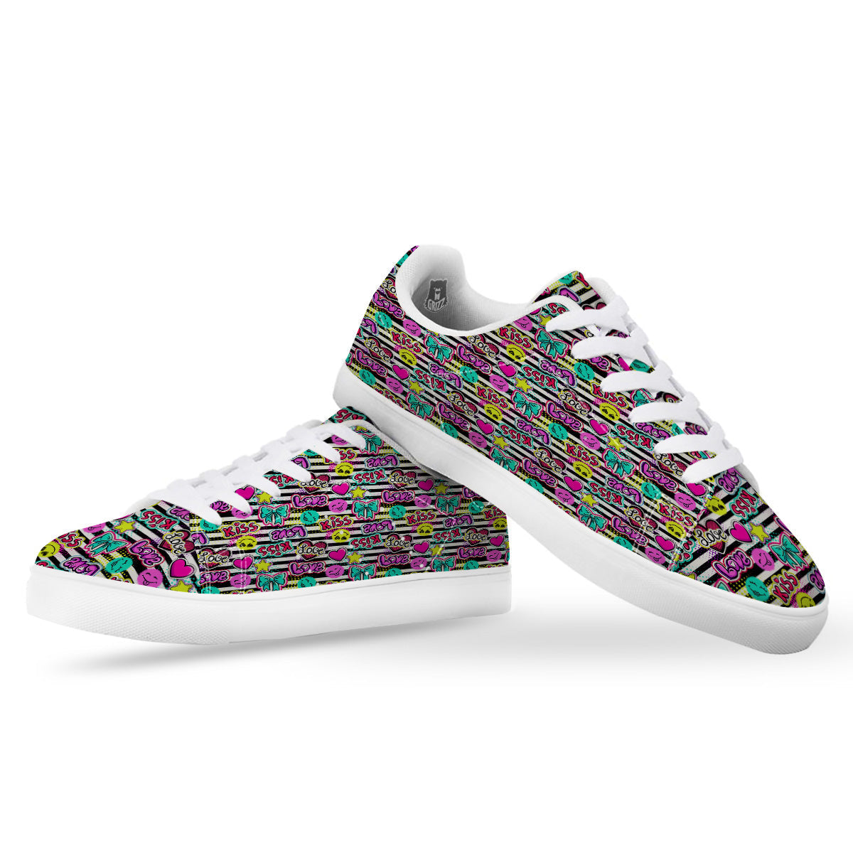 Emoji Comics Stripe Print Pattern White Low Top Sneakers-grizzshop
