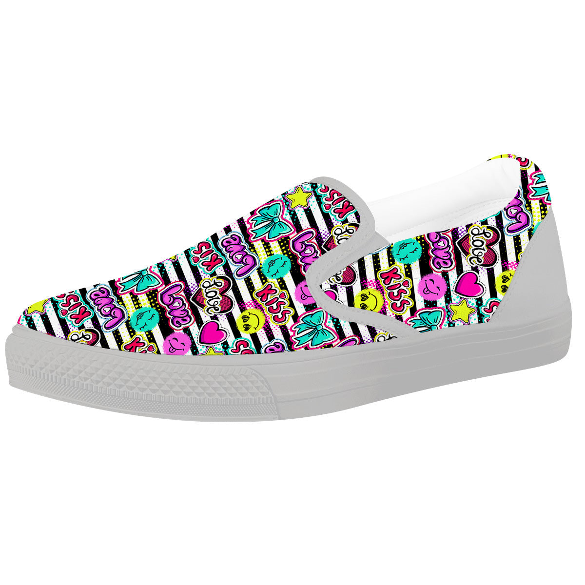 Emoji Comics Stripe Print Pattern White Slip On Shoes-grizzshop
