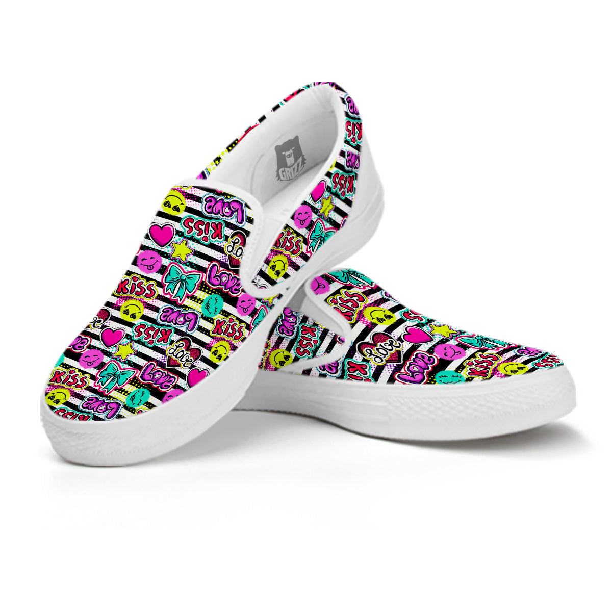 Emoji Comics Stripe Print Pattern White Slip On Shoes-grizzshop