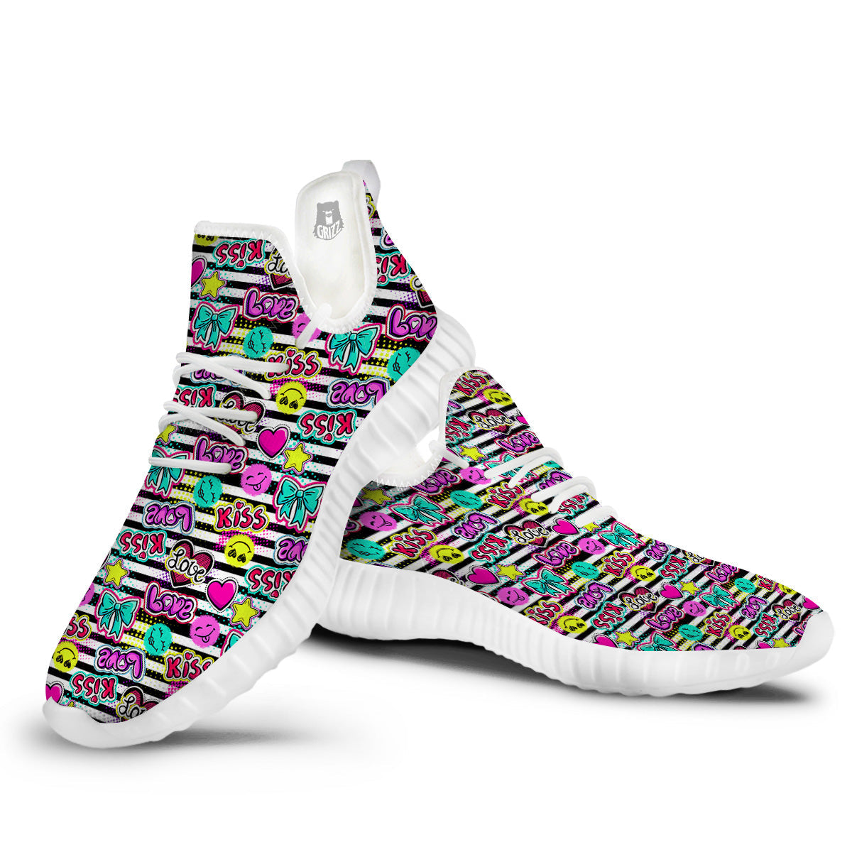 Emoji Comics Stripe Print Pattern White Walking Shoes-grizzshop