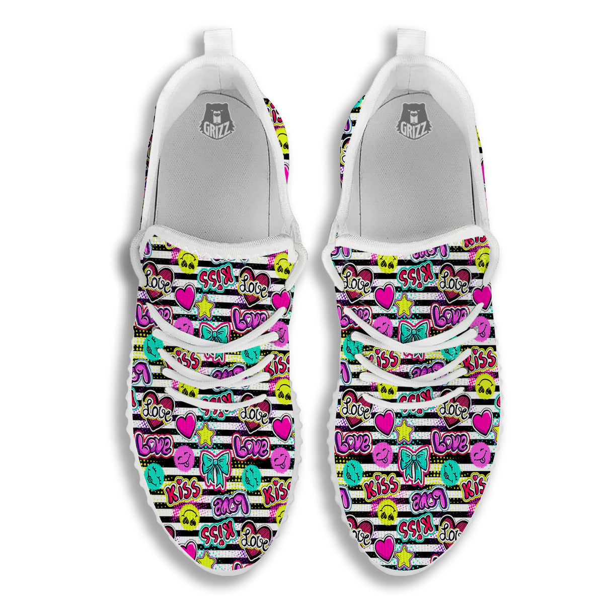 Emoji Comics Stripe Print Pattern White Walking Shoes-grizzshop