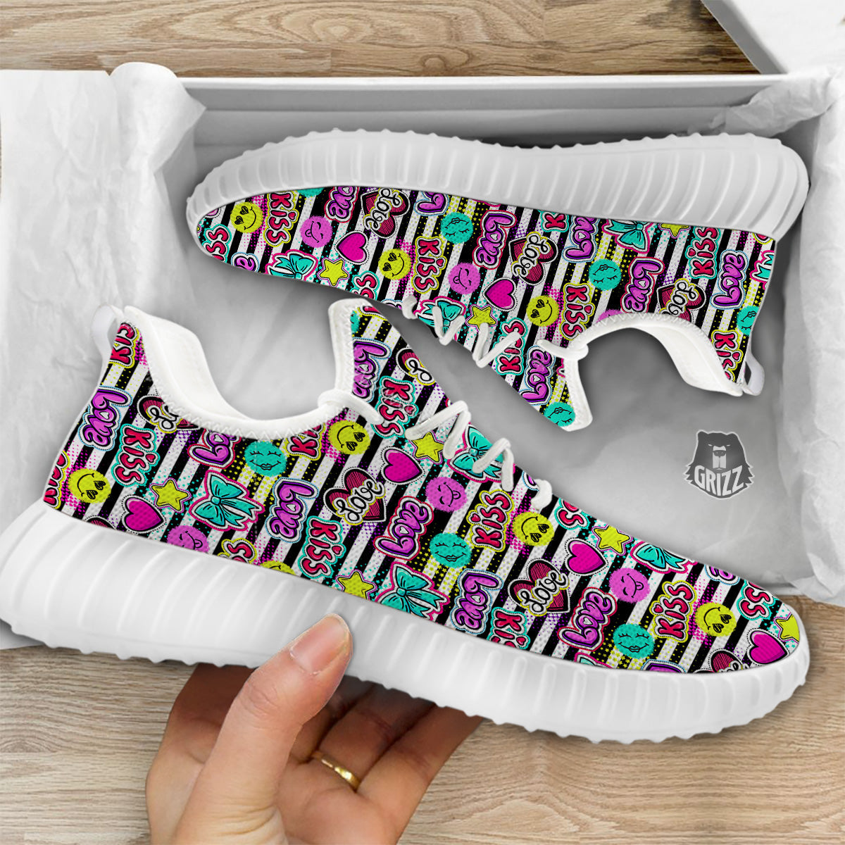 Emoji Comics Stripe Print Pattern White Walking Shoes-grizzshop