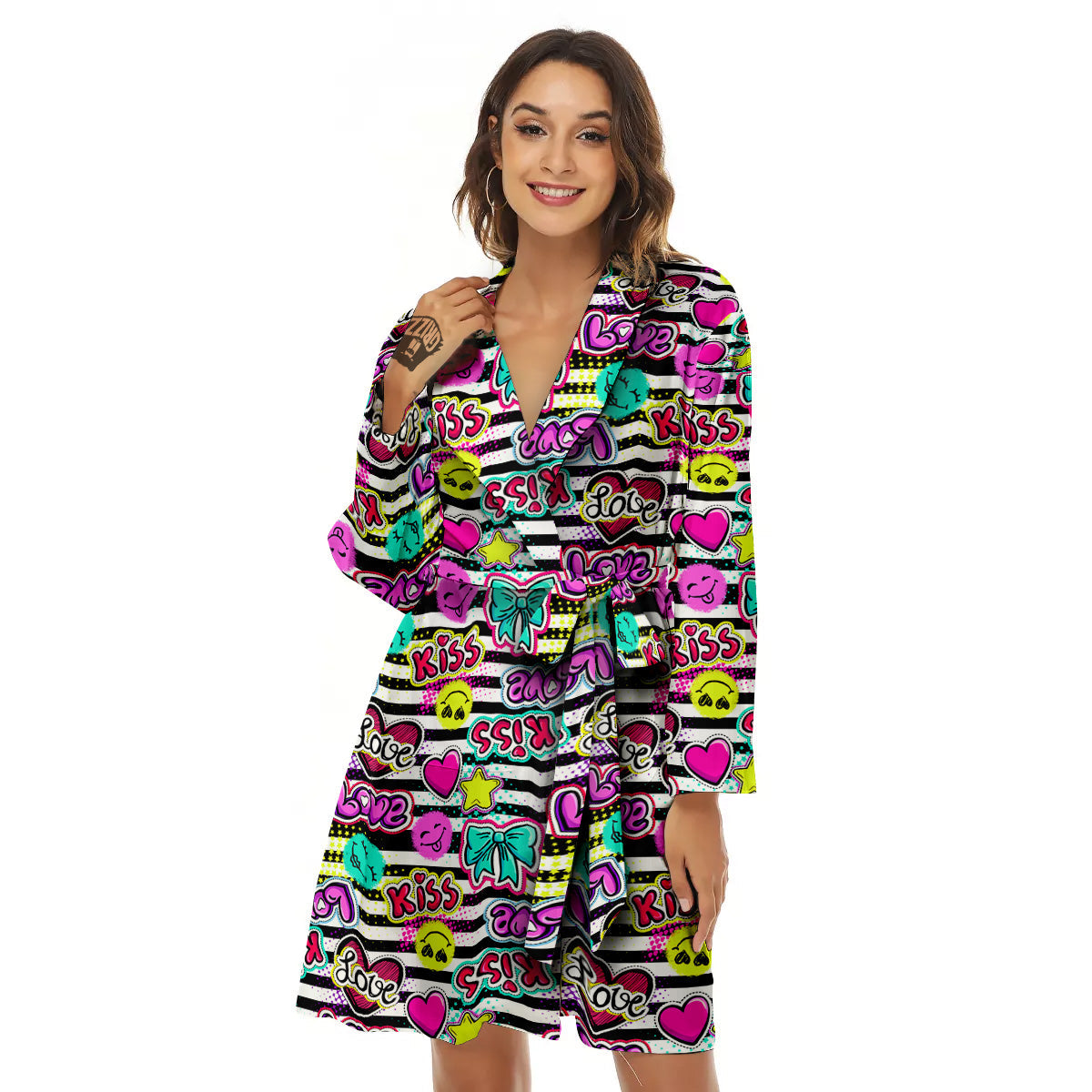 Emoji Comics Stripe Print Pattern Women's Robe-grizzshop