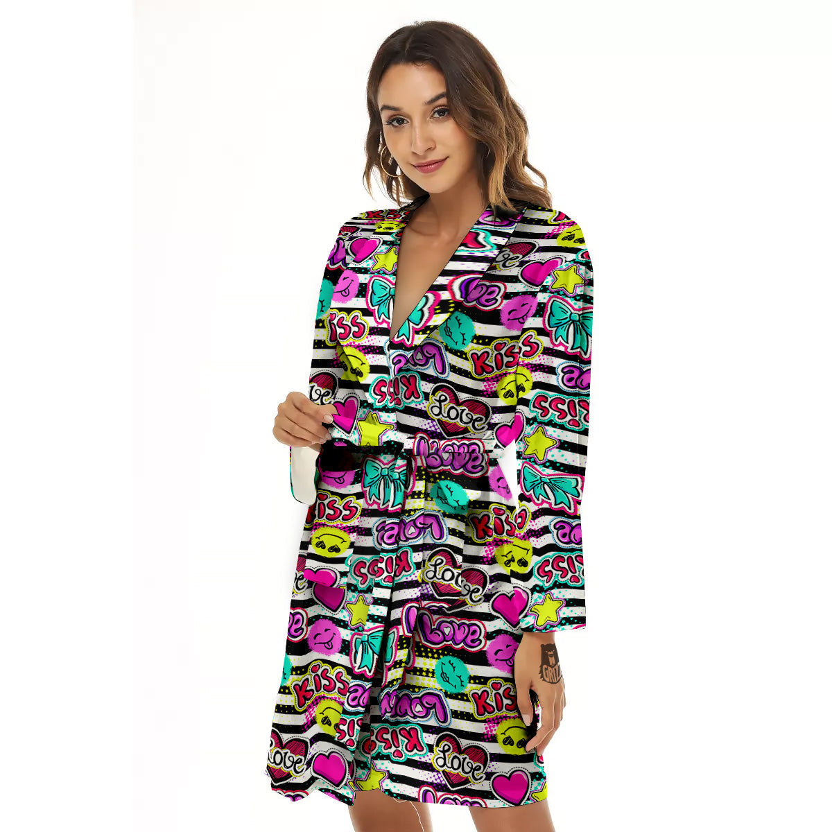 Emoji Comics Stripe Print Pattern Women's Robe-grizzshop