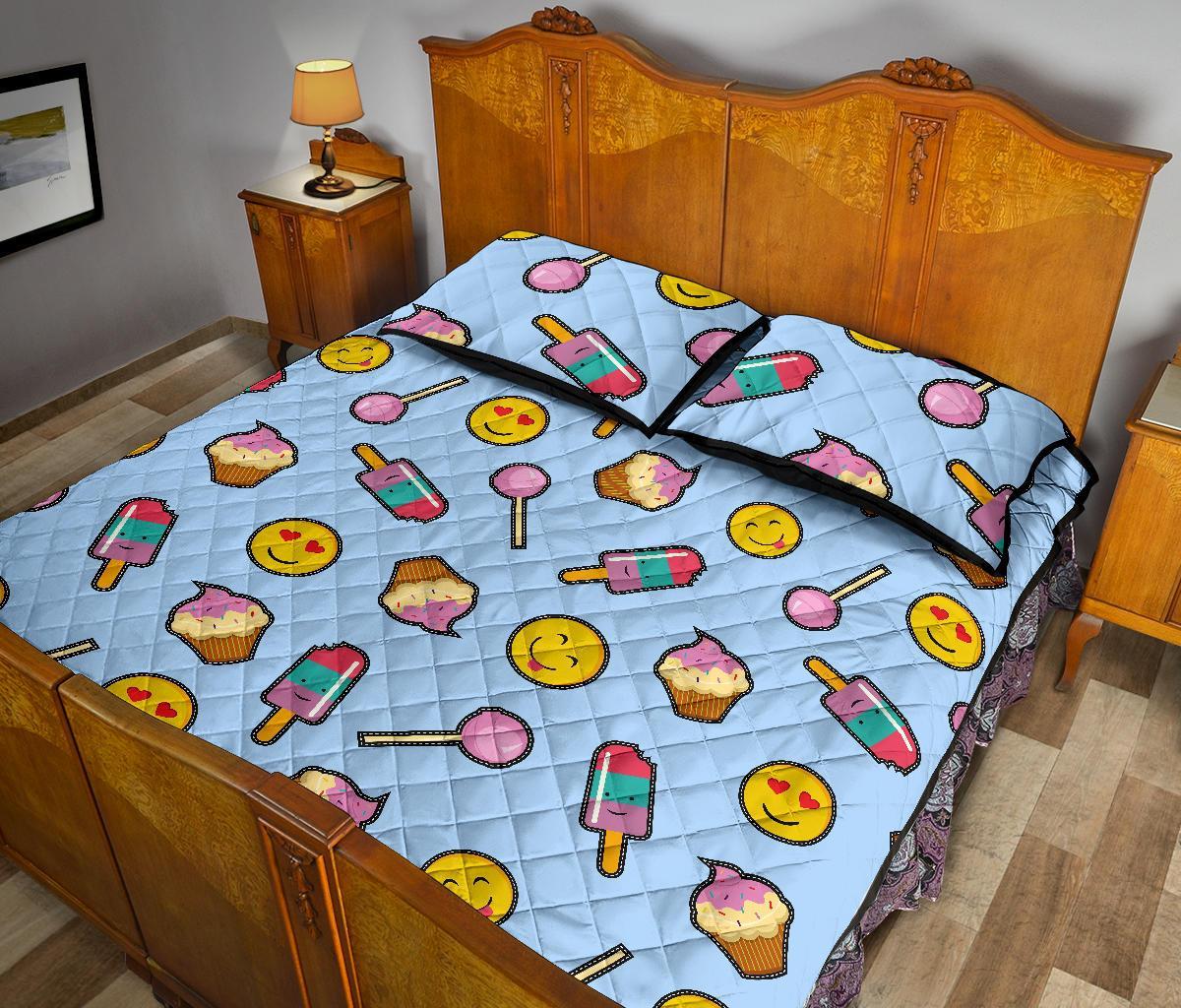 Emoji Dessert Pattern Print Bed Set Quilt-grizzshop