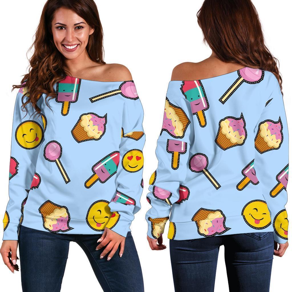 Emoji Dessert Pattern Print Women Off Shoulder Sweatshirt-grizzshop