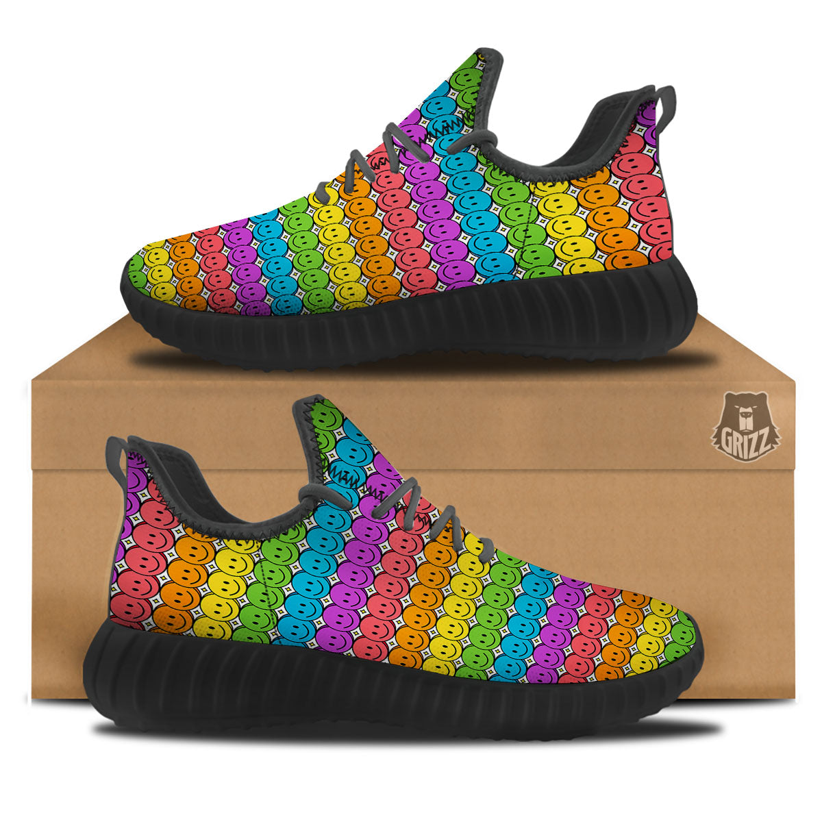 Emoji Faces Colorful Print Pattern Black Walking Shoes-grizzshop