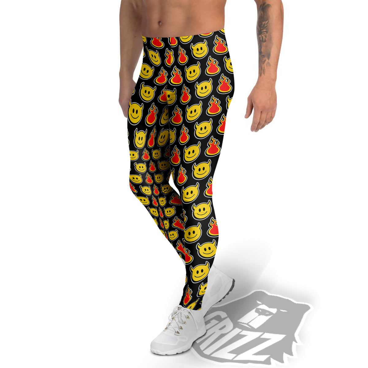 Emoji Fire And Devil Cute Print Pattern Men's Leggings-grizzshop