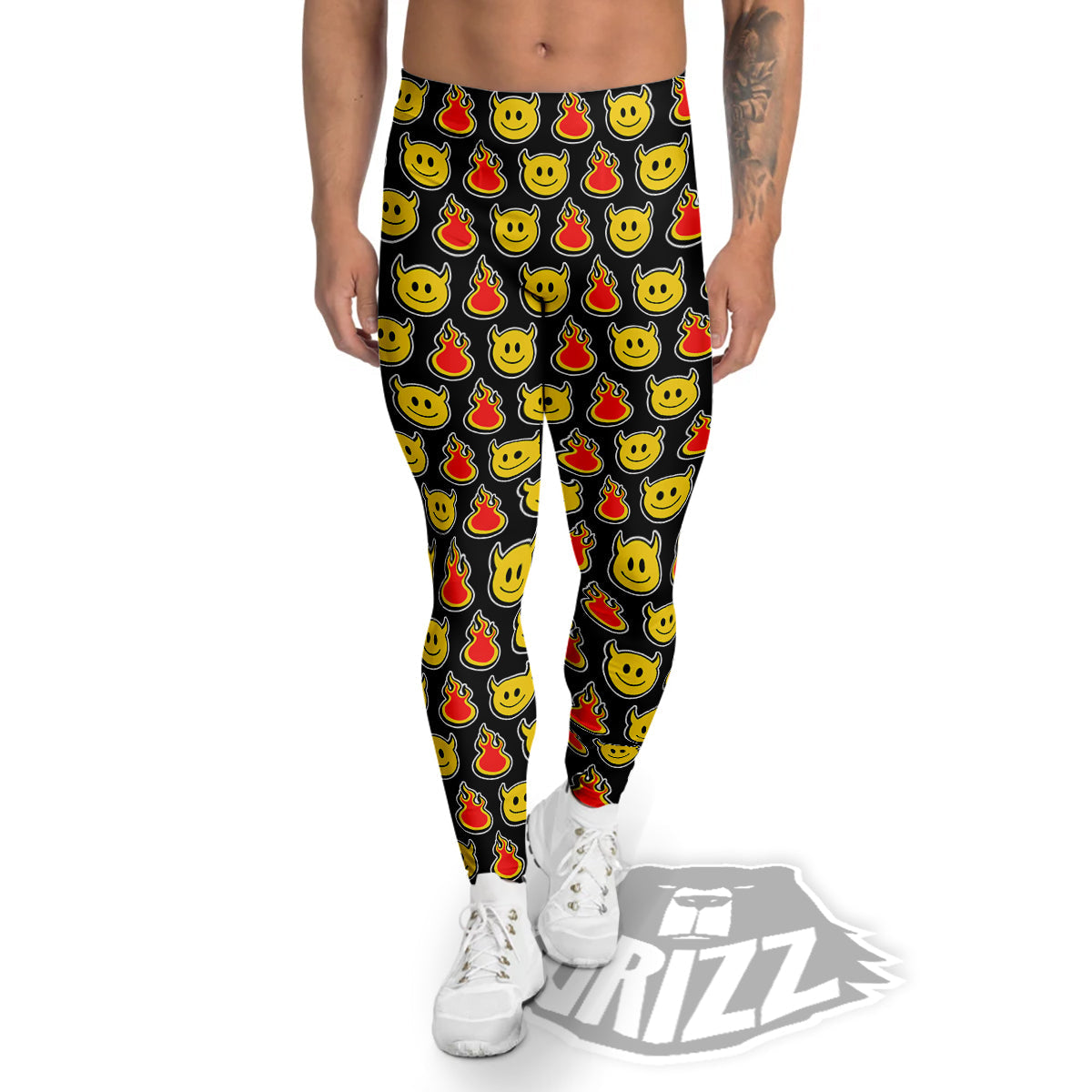 Emoji Fire And Devil Cute Print Pattern Men's Leggings-grizzshop