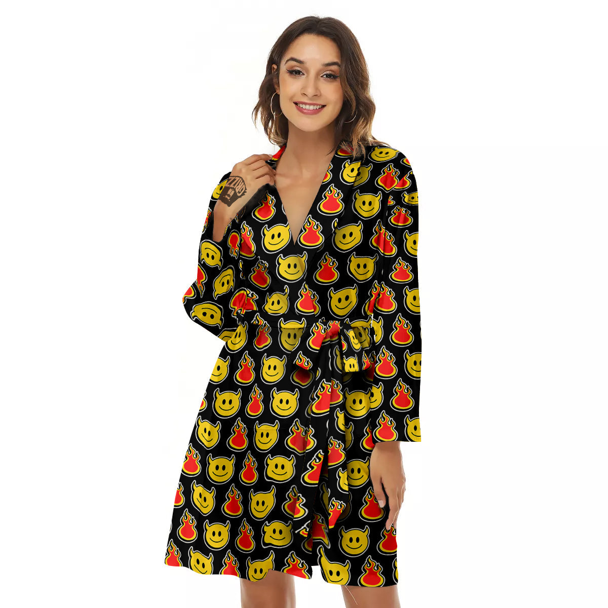 Emoji Fire And Devil Cute Print Pattern Women's Robe-grizzshop