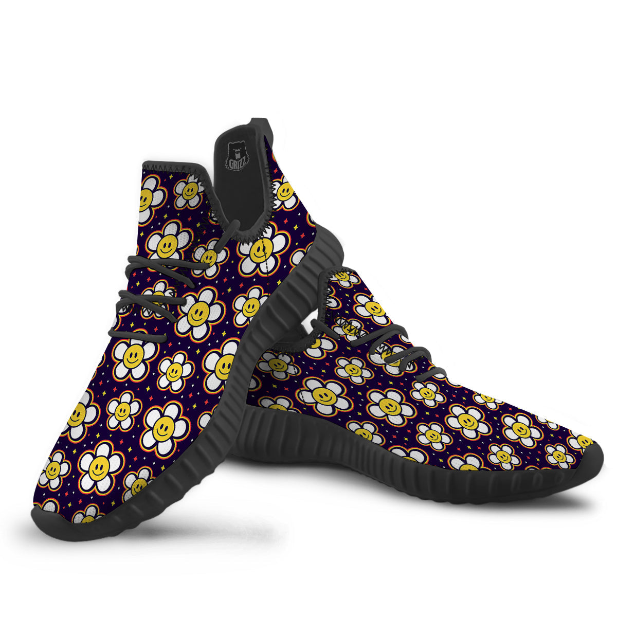 Emoji Flower Smile Print Pattern Black Walking Shoes-grizzshop