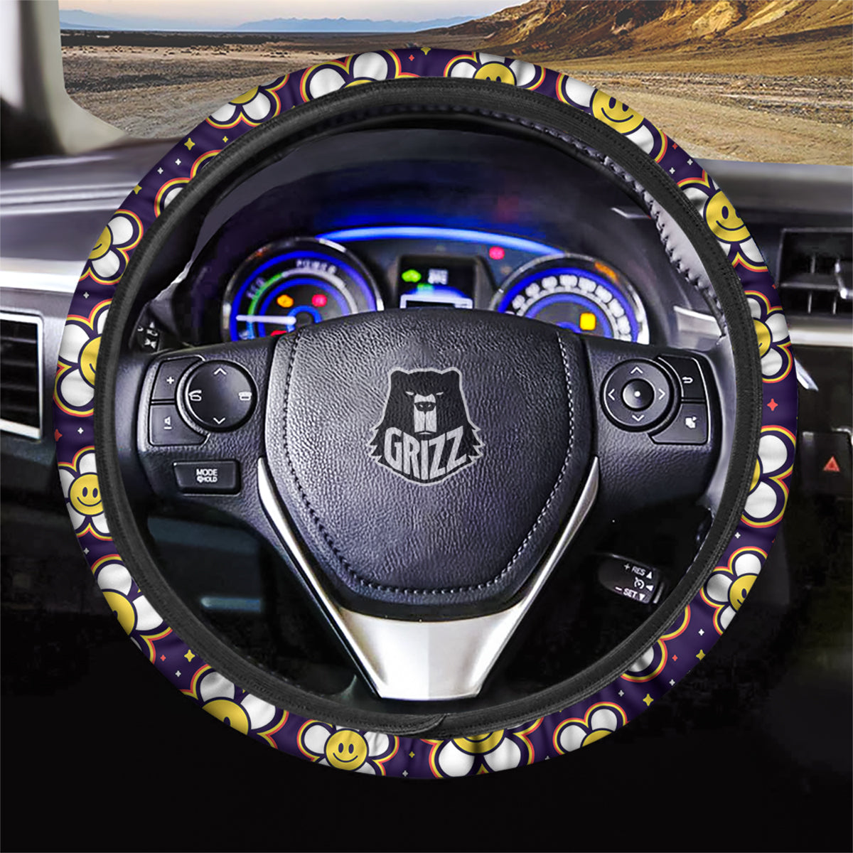 Emoji Flower Smile Print Pattern Car Steering Wheel Cover-grizzshop