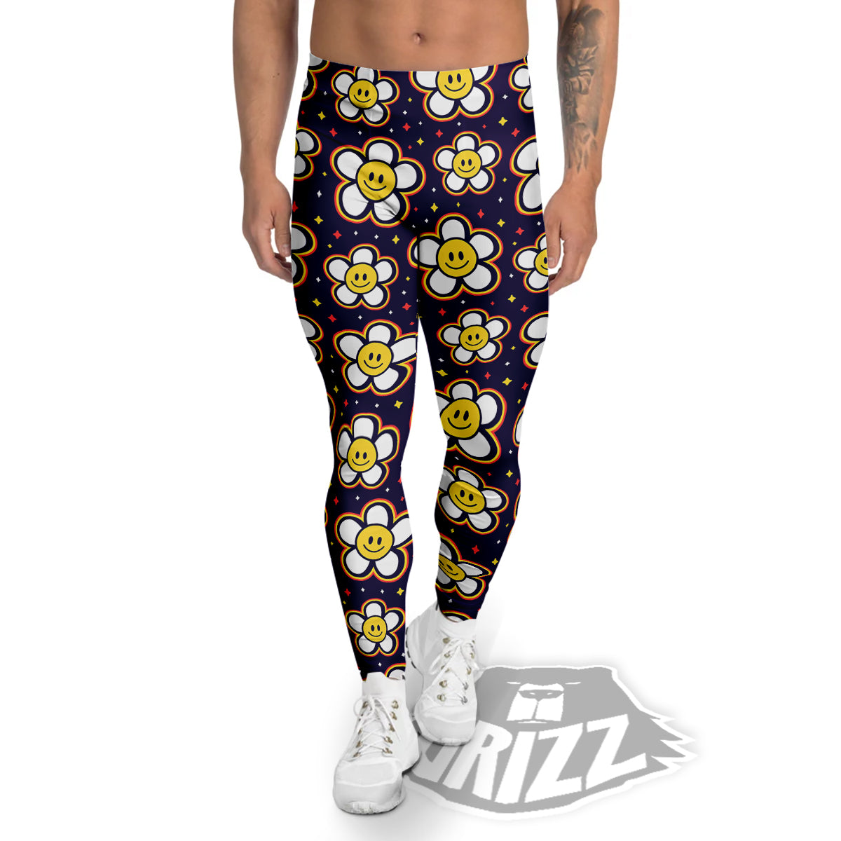 Emoji Flower Smile Print Pattern Men's Leggings-grizzshop