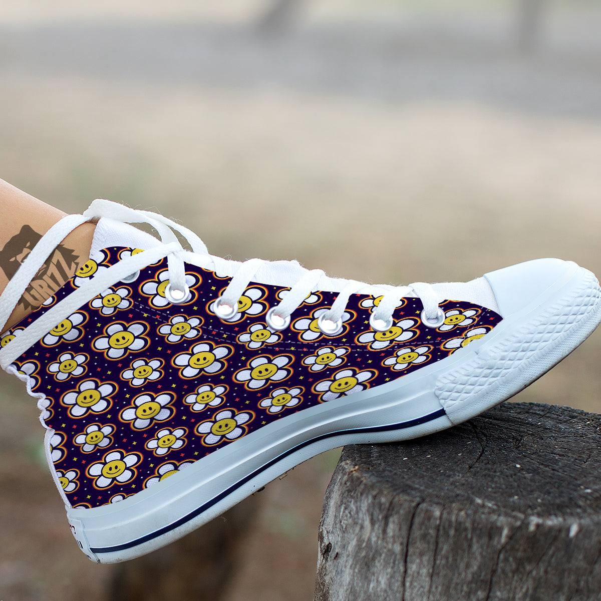 Emoji Flower Smile Print Pattern White High Top Shoes-grizzshop