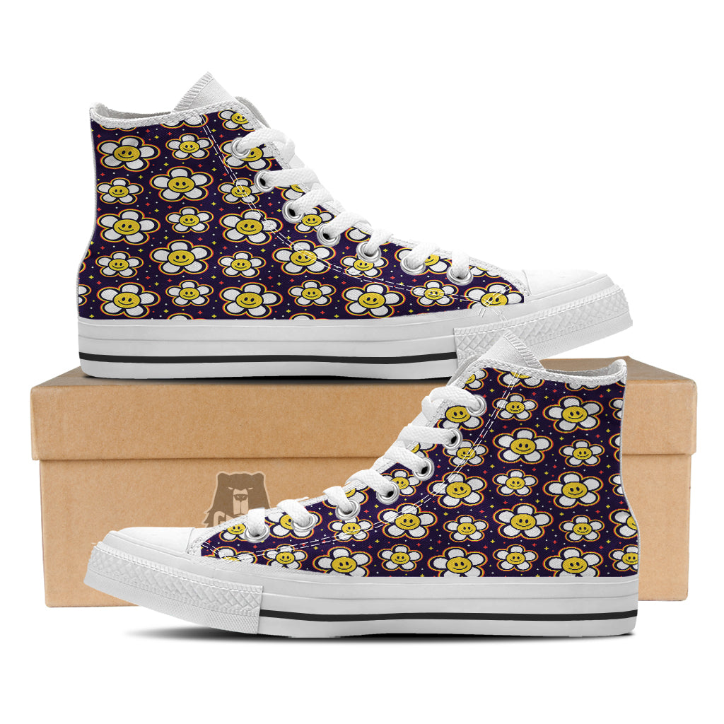 Emoji Flower Smile Print Pattern White High Top Shoes-grizzshop