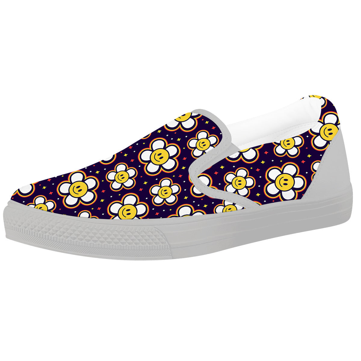 Emoji Flower Smile Print Pattern White Slip On Shoes-grizzshop