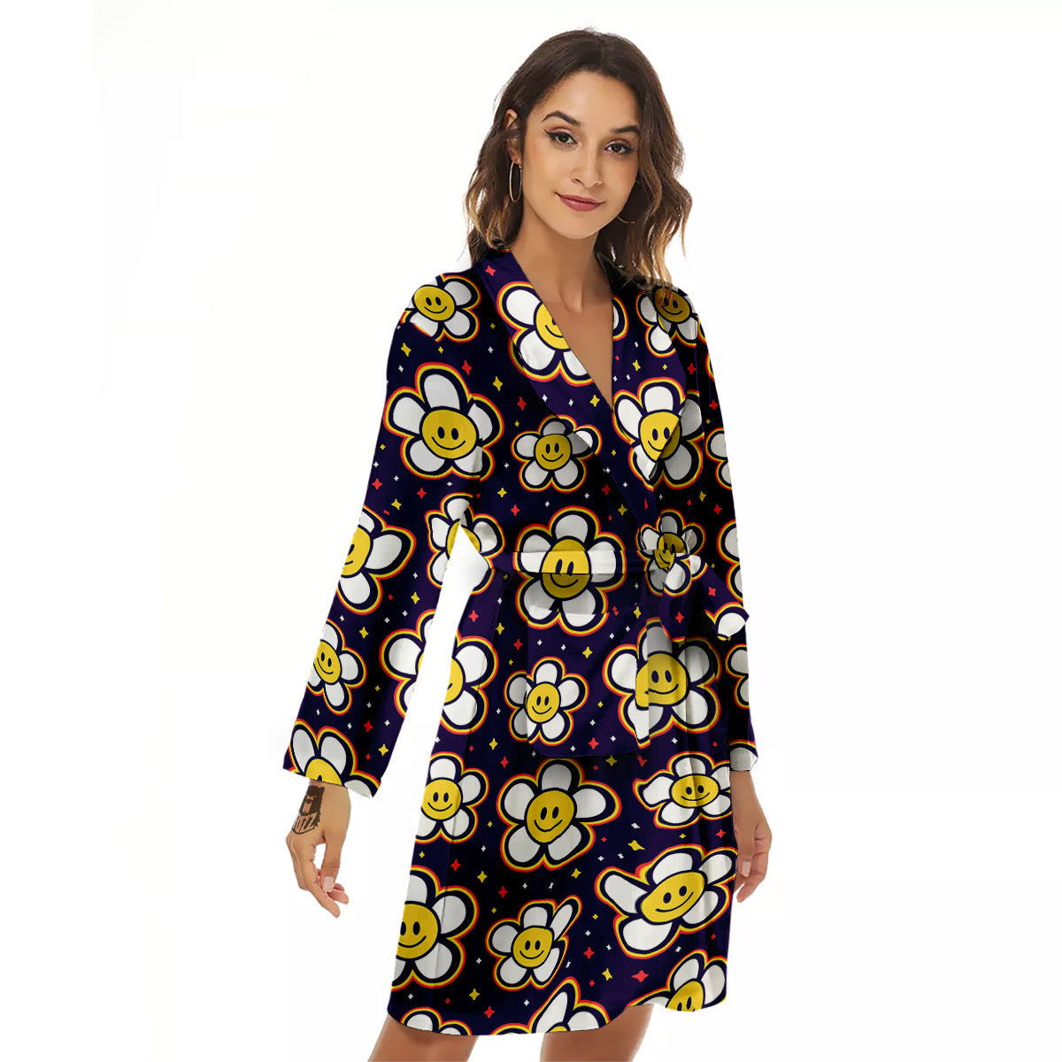 Emoji Flower Smile Print Pattern Women's Robe-grizzshop