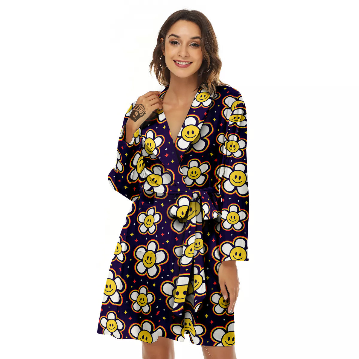 Emoji Flower Smile Print Pattern Women's Robe-grizzshop